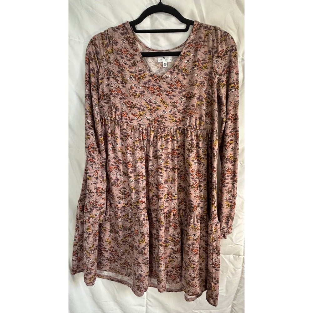 True Craft Womens Floral Print‎ Long Sleeve Tiered Babydoll Dress XS Pink Yellow
